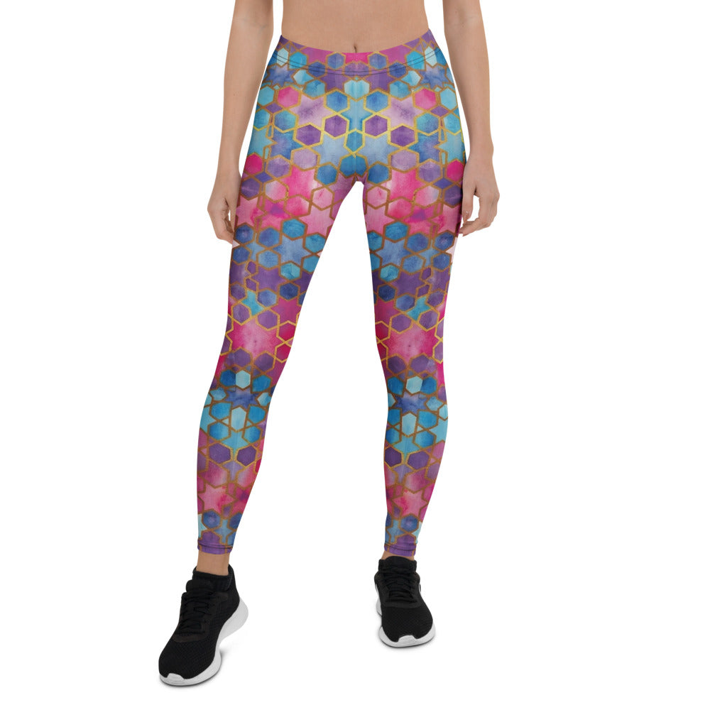 Personalisierte Damen Sportleggings Geometrisches Mosaik Muster Blau Pink Lila Fitness Yoga Leggings A230