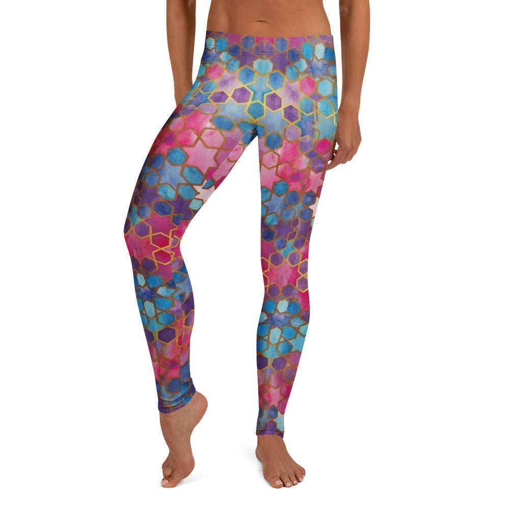 Personalisierte Damen Sportleggings Geometrisches Mosaik Muster Blau Pink Lila Fitness Yoga Leggings A230
