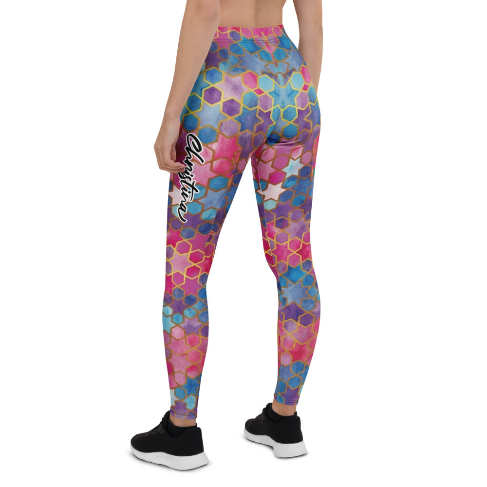 Personalisierte Damen Sportleggings Geometrisches Mosaik Muster Blau Pink Lila Fitness Yoga Leggings A230