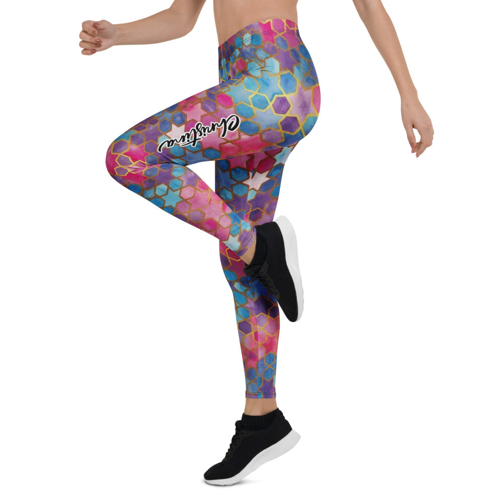 Personalisierte Damen Sportleggings Geometrisches Mosaik Muster Blau Pink Lila Fitness Yoga Leggings A230
