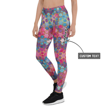 Personalisierte Damen Sportleggings Geometrisches Mosaik Muster Blau Pink Lila Fitness Yoga Leggings A230 - XL