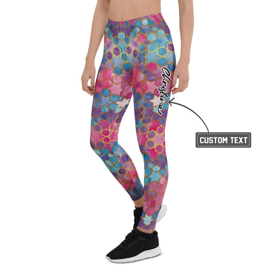 Personalisierte Damen Sportleggings Geometrisches Mosaik Muster Blau Pink Lila Fitness Yoga Leggings A230 - XL
