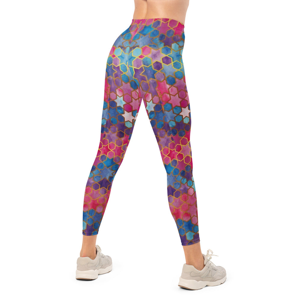 Personalisierte Damen Sportleggings Geometrisches Mosaik Muster Blau Pink Lila Fitness Yoga Leggings A230