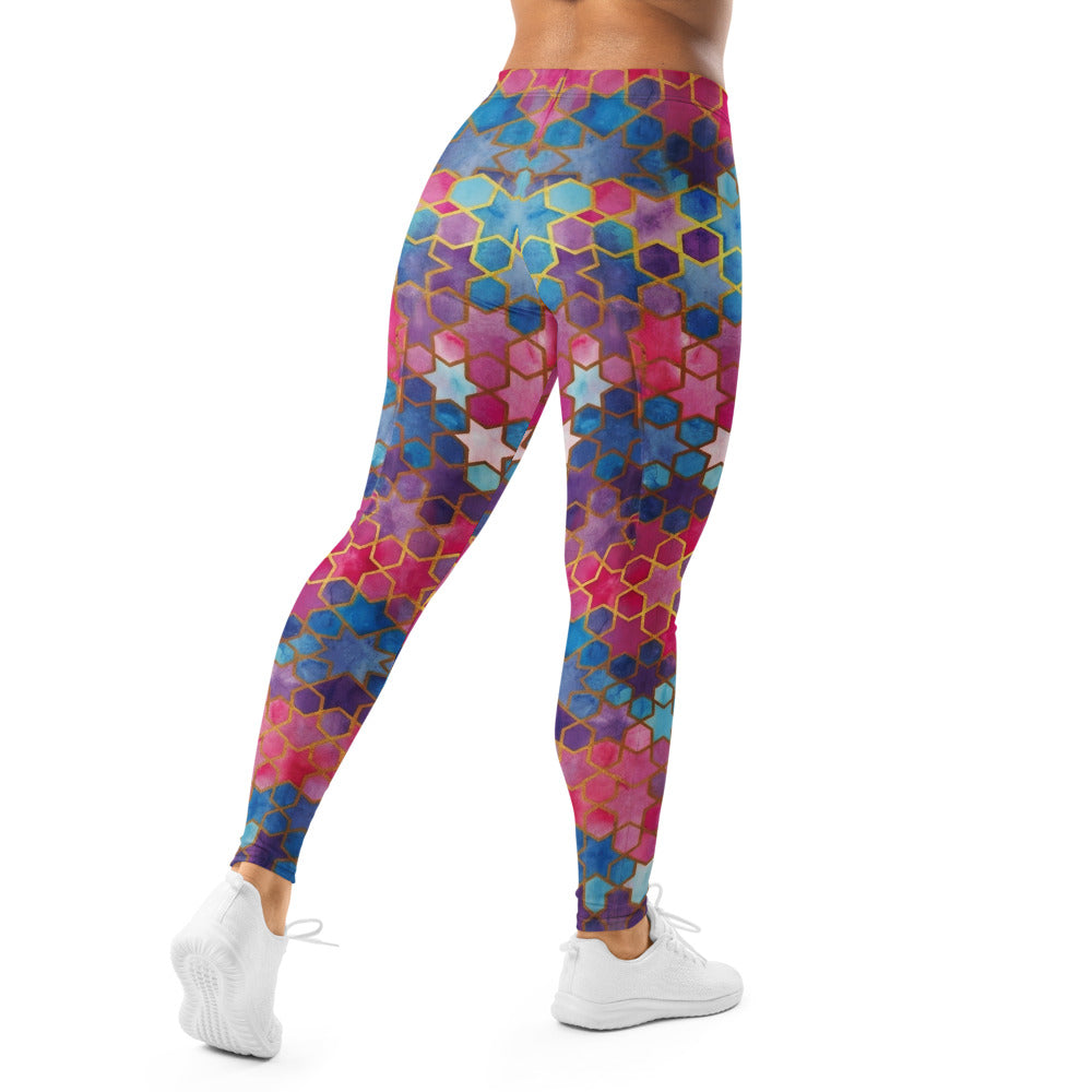 Personalisierte Damen Sportleggings Geometrisches Mosaik Muster Blau Pink Lila Fitness Yoga Leggings A230