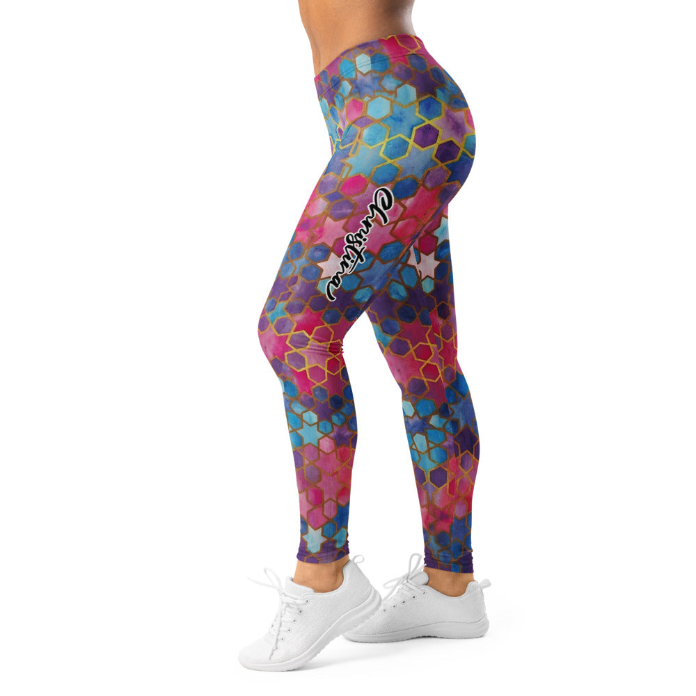 Personalisierte Damen Sportleggings Geometrisches Mosaik Muster Blau Pink Lila Fitness Yoga Leggings A230