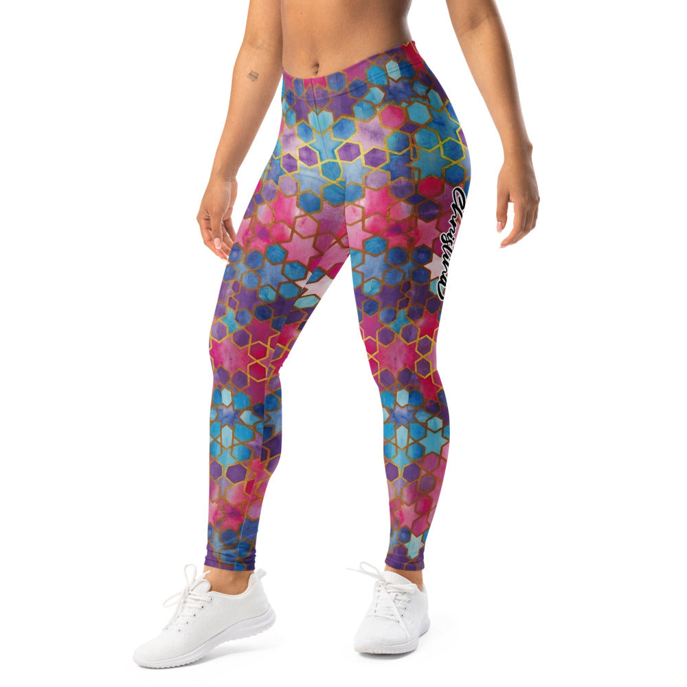 Personalisierte Damen Sportleggings Geometrisches Mosaik Muster Blau Pink Lila Fitness Yoga Leggings A230