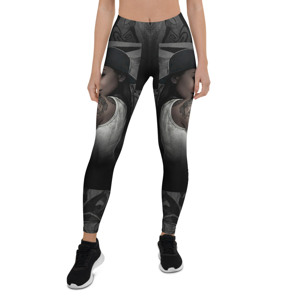Personalisierte Sportleggings Damen Urban Design Schwarz Grau Fitness Leggings mit Streetwear Print U223