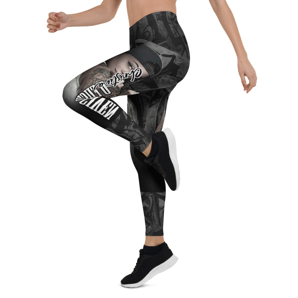 Personalisierte Sportleggings Damen Urban Design Schwarz Grau Fitness Leggings mit Streetwear Print U223