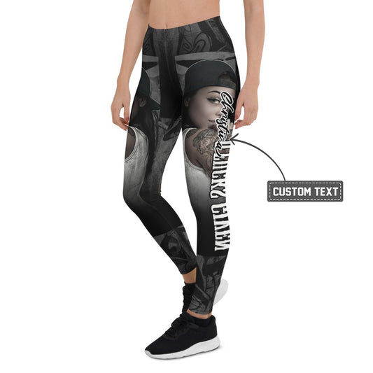 Personalisierte Sportleggings Damen Urban Design Schwarz Grau Fitness Leggings mit Streetwear Print U223 - XL