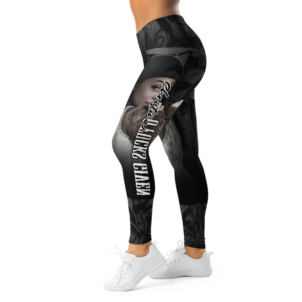 Personalisierte Sportleggings Damen Urban Design Schwarz Grau Fitness Leggings mit Streetwear Print U223