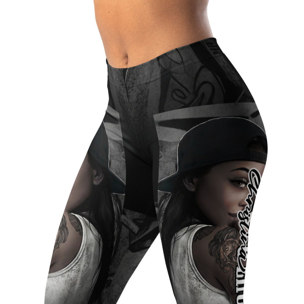 Personalisierte Sportleggings Damen Urban Design Schwarz Grau Fitness Leggings mit Streetwear Print U223