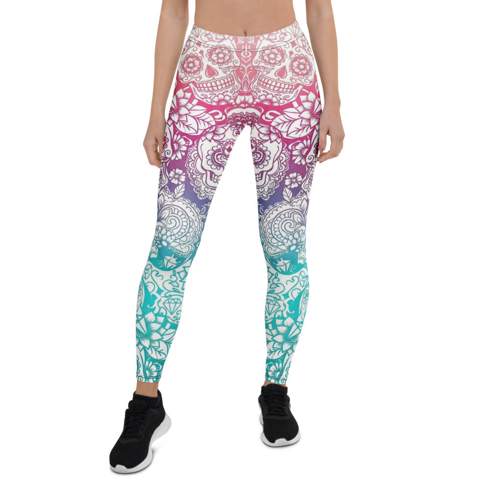 Personalisierte Damen Sportleggings Sugar Skull Design Bunt Farbverlauf Fitness Yoga Leggings H183