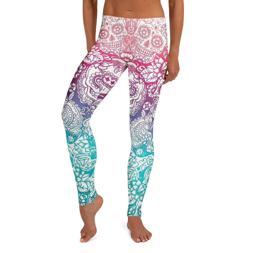 Personalisierte Damen Sportleggings Sugar Skull Design Bunt Farbverlauf Fitness Yoga Leggings H183