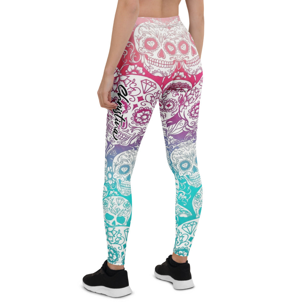 Personalisierte Damen Sportleggings Sugar Skull Design Bunt Farbverlauf Fitness Yoga Leggings H183