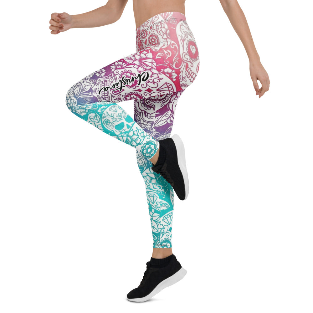 Personalisierte Damen Sportleggings Sugar Skull Design Bunt Farbverlauf Fitness Yoga Leggings H183