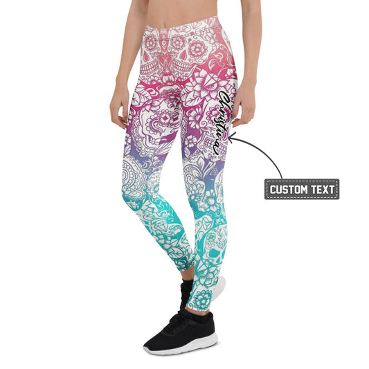Personalisierte Damen Sportleggings Sugar Skull Design Bunt Farbverlauf Fitness Yoga Leggings H183 - XL