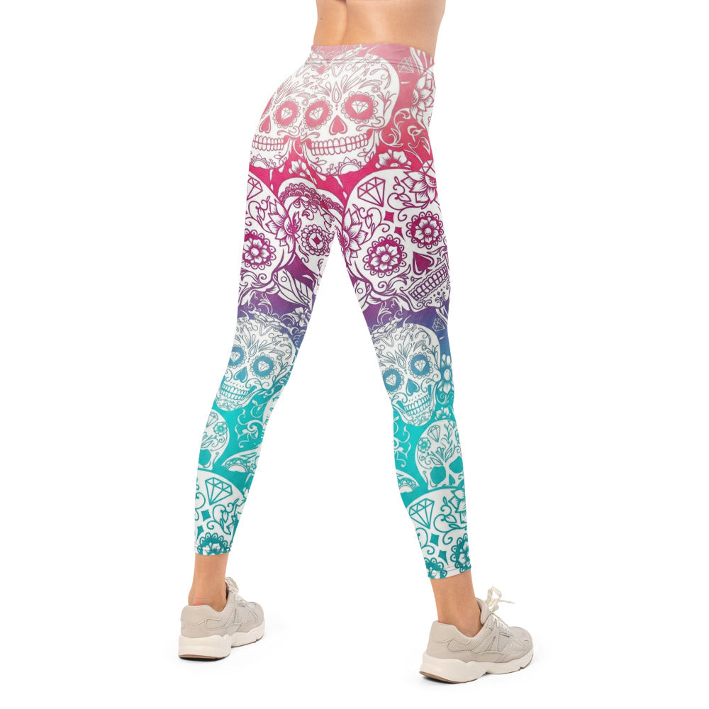 Personalisierte Damen Sportleggings Sugar Skull Design Bunt Farbverlauf Fitness Yoga Leggings H183