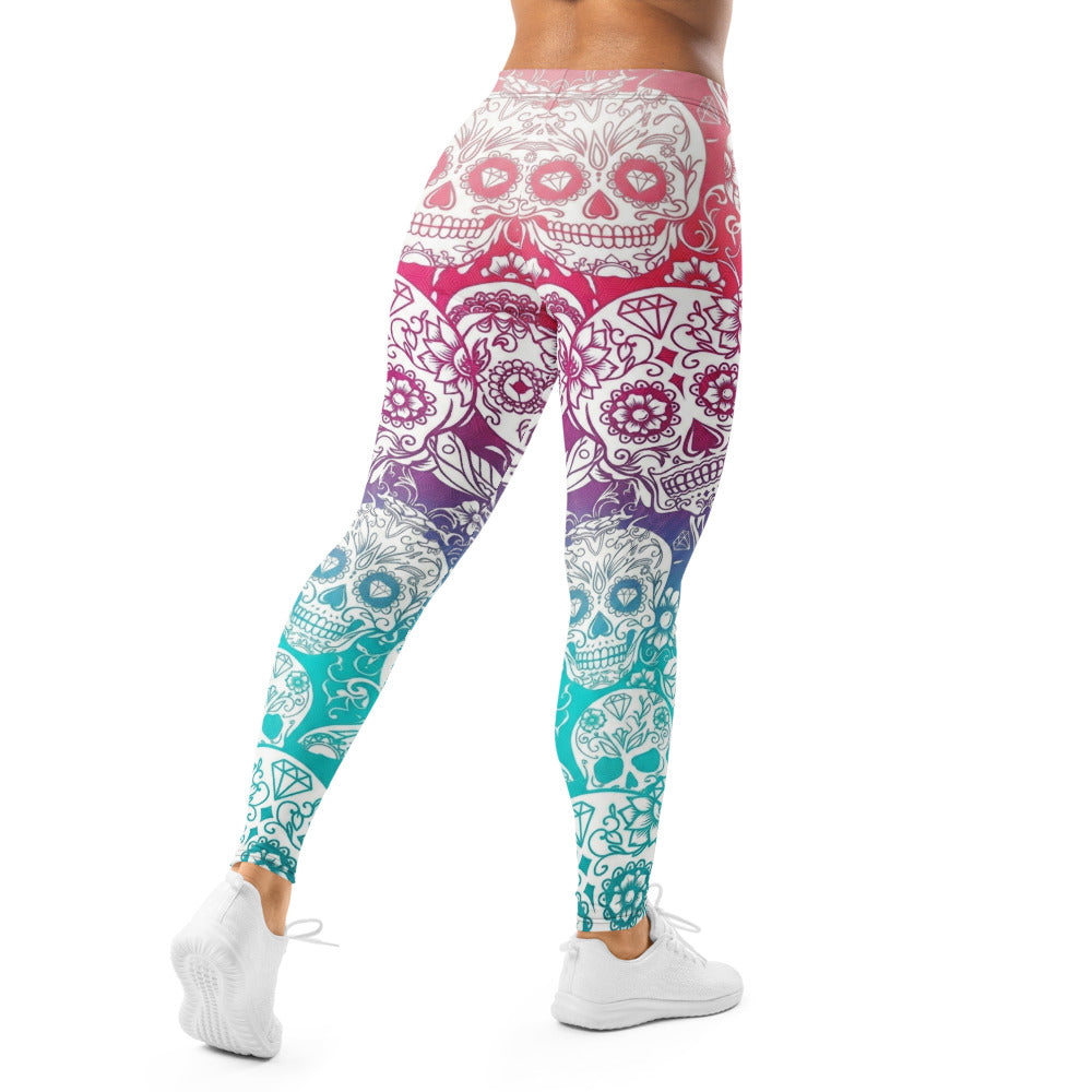 Personalisierte Damen Sportleggings Sugar Skull Design Bunt Farbverlauf Fitness Yoga Leggings H183