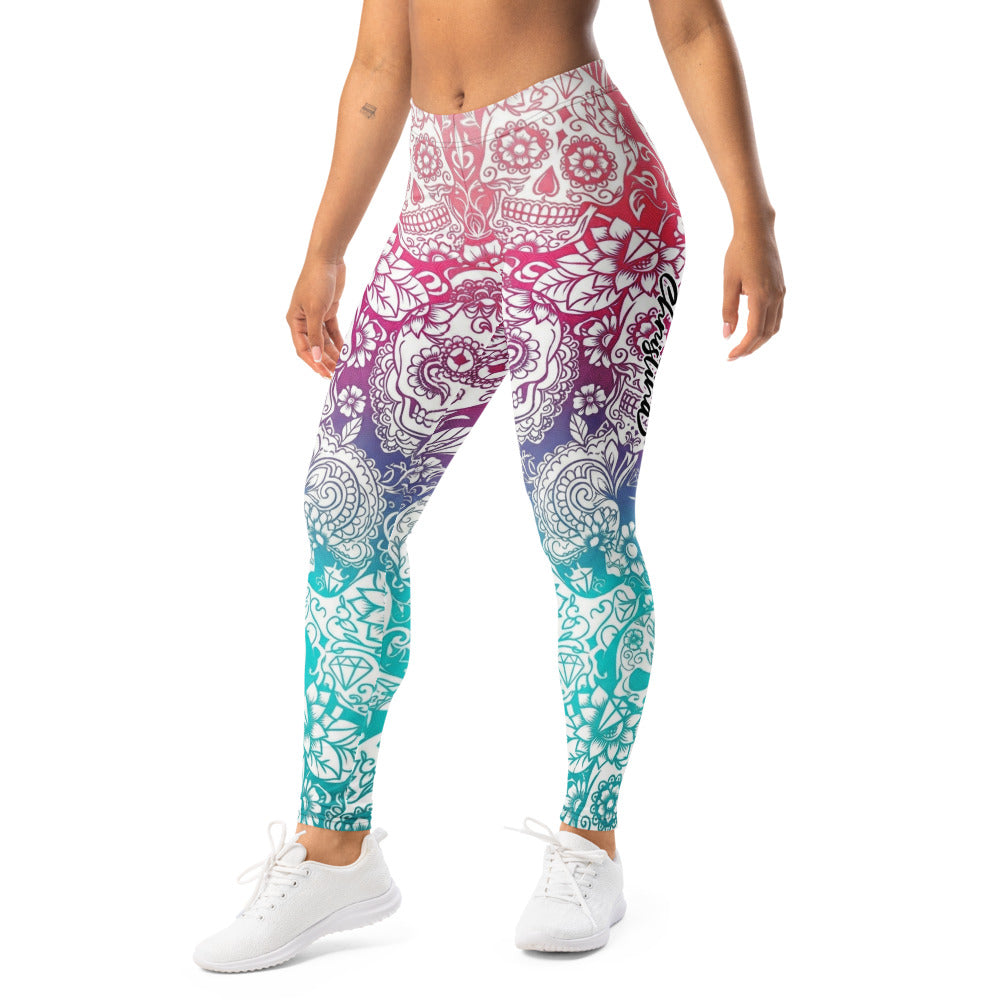 Personalisierte Damen Sportleggings Sugar Skull Design Bunt Farbverlauf Fitness Yoga Leggings H183