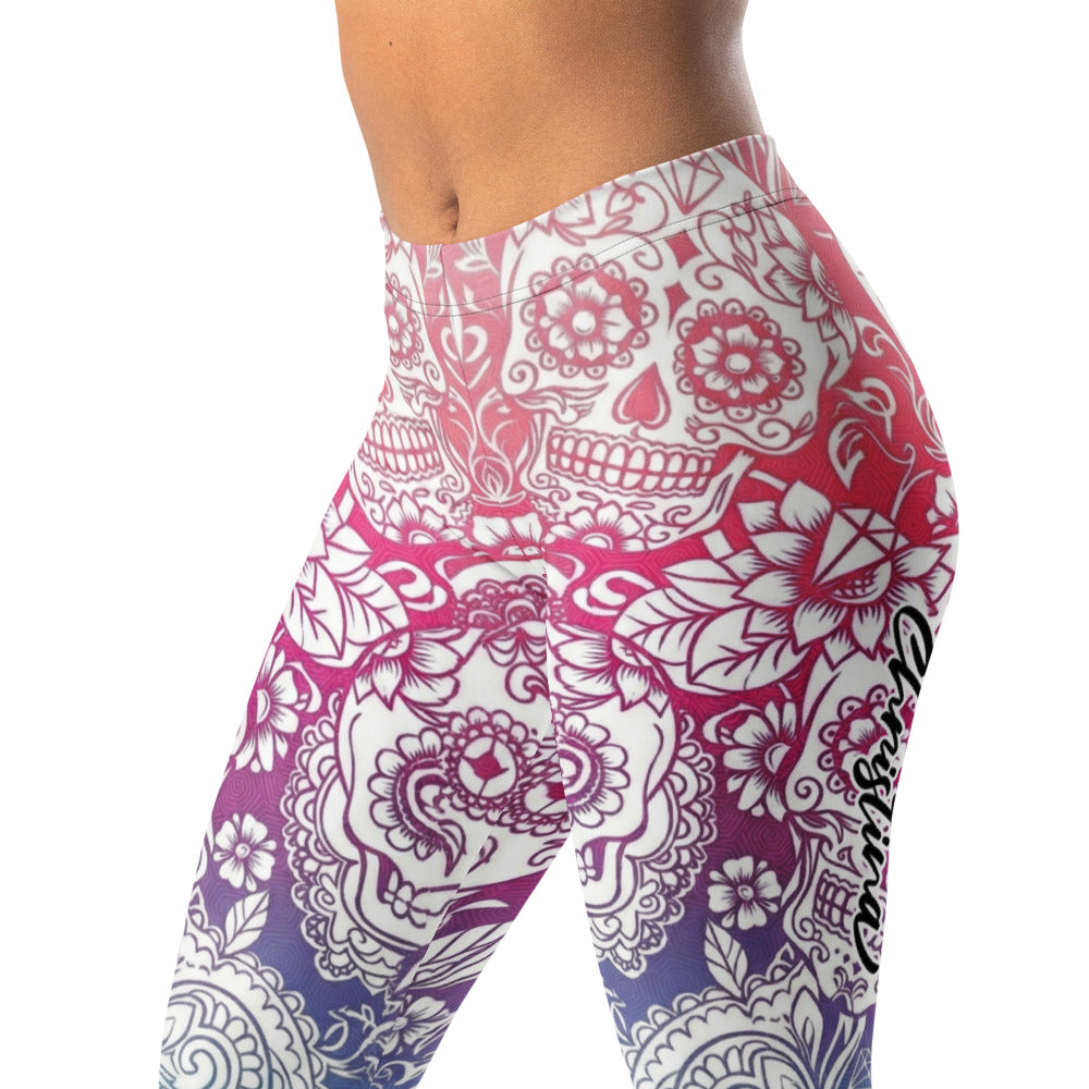 Personalisierte Damen Sportleggings Sugar Skull Design Bunt Farbverlauf Fitness Yoga Leggings H183