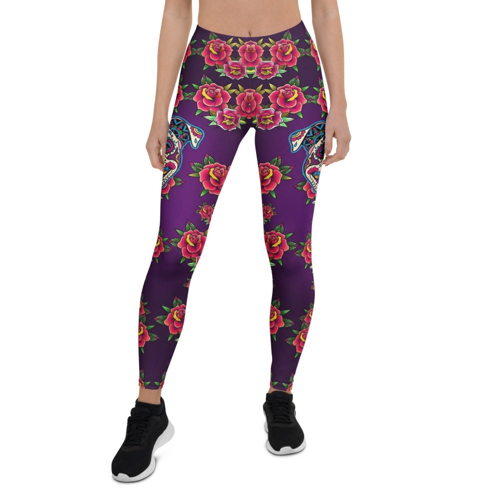 Personalisierte Sportleggings Damen Lila Rosen Totenkopf Design Fitness Yoga Leggings U124