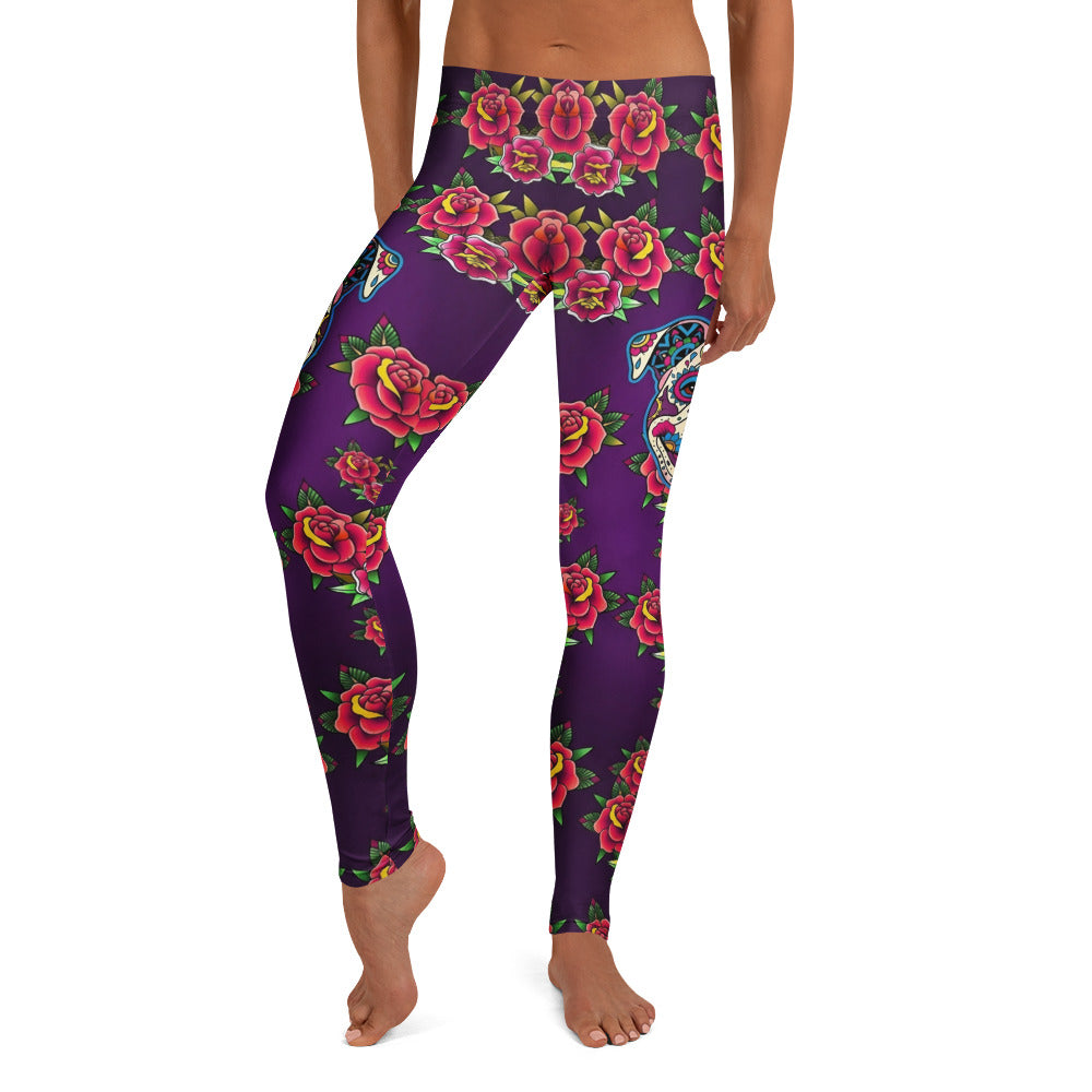 Personalisierte Sportleggings Damen Lila Rosen Totenkopf Design Fitness Yoga Leggings U124