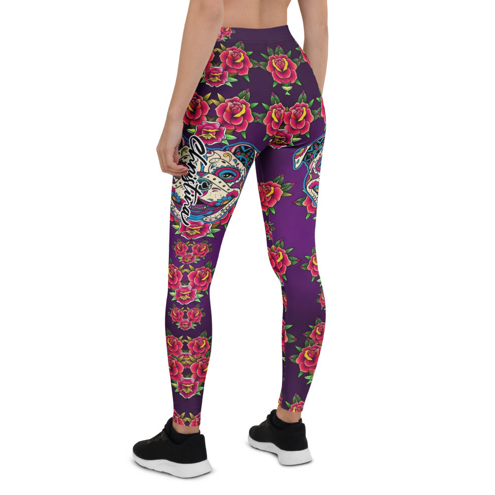 Personalisierte Sportleggings Damen Lila Rosen Totenkopf Design Fitness Yoga Leggings U124