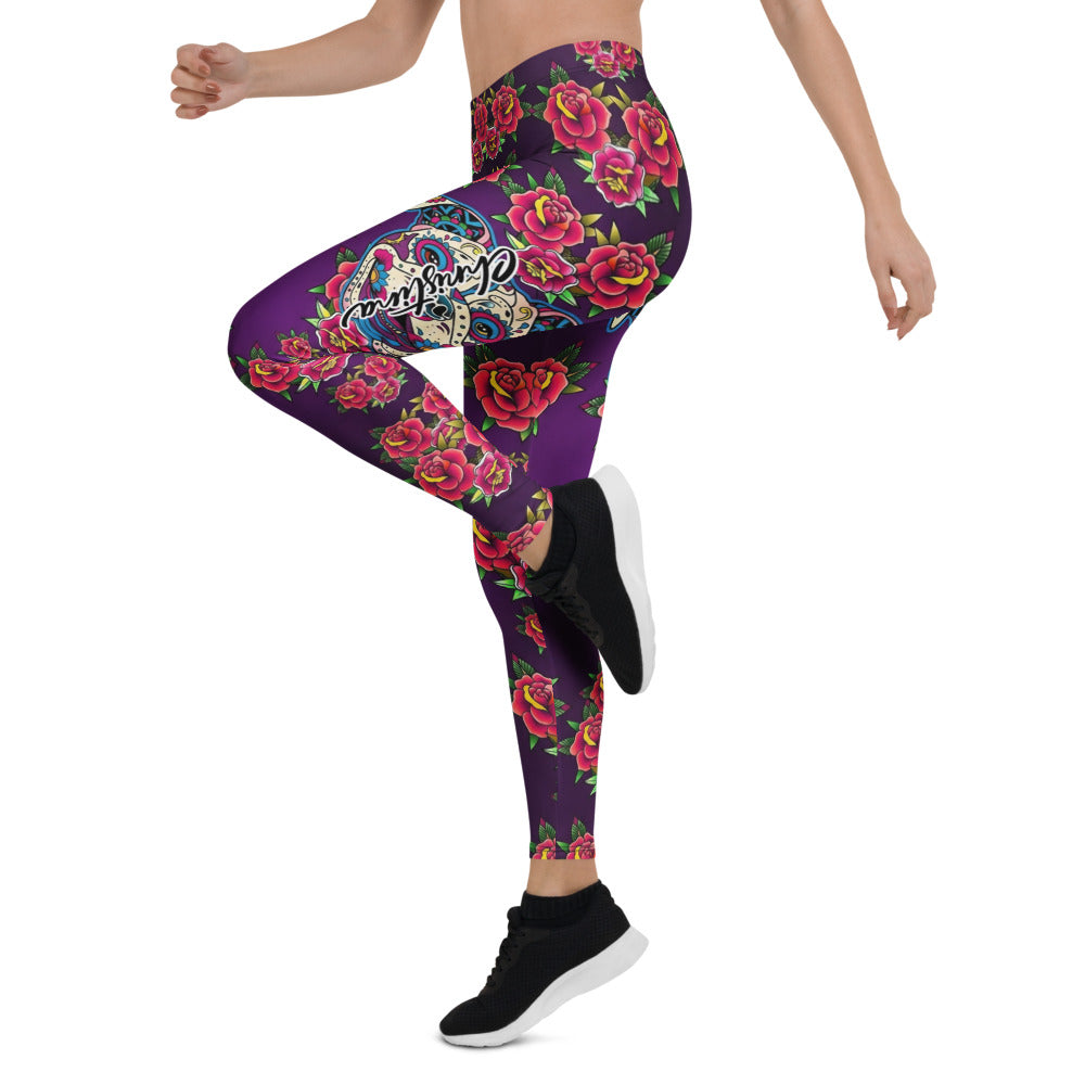 Personalisierte Sportleggings Damen Lila Rosen Totenkopf Design Fitness Yoga Leggings U124