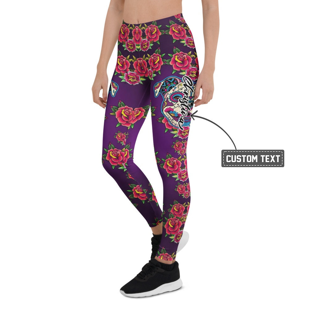 Personalisierte Sportleggings Damen Lila Rosen Totenkopf Design Fitness Yoga Leggings U124 - XL