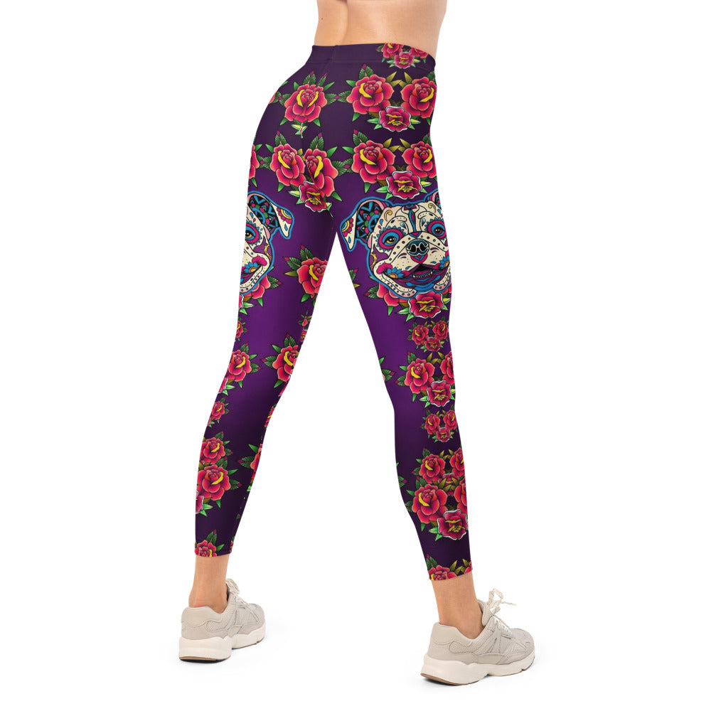 Personalisierte Sportleggings Damen Lila Rosen Totenkopf Design Fitness Yoga Leggings U124