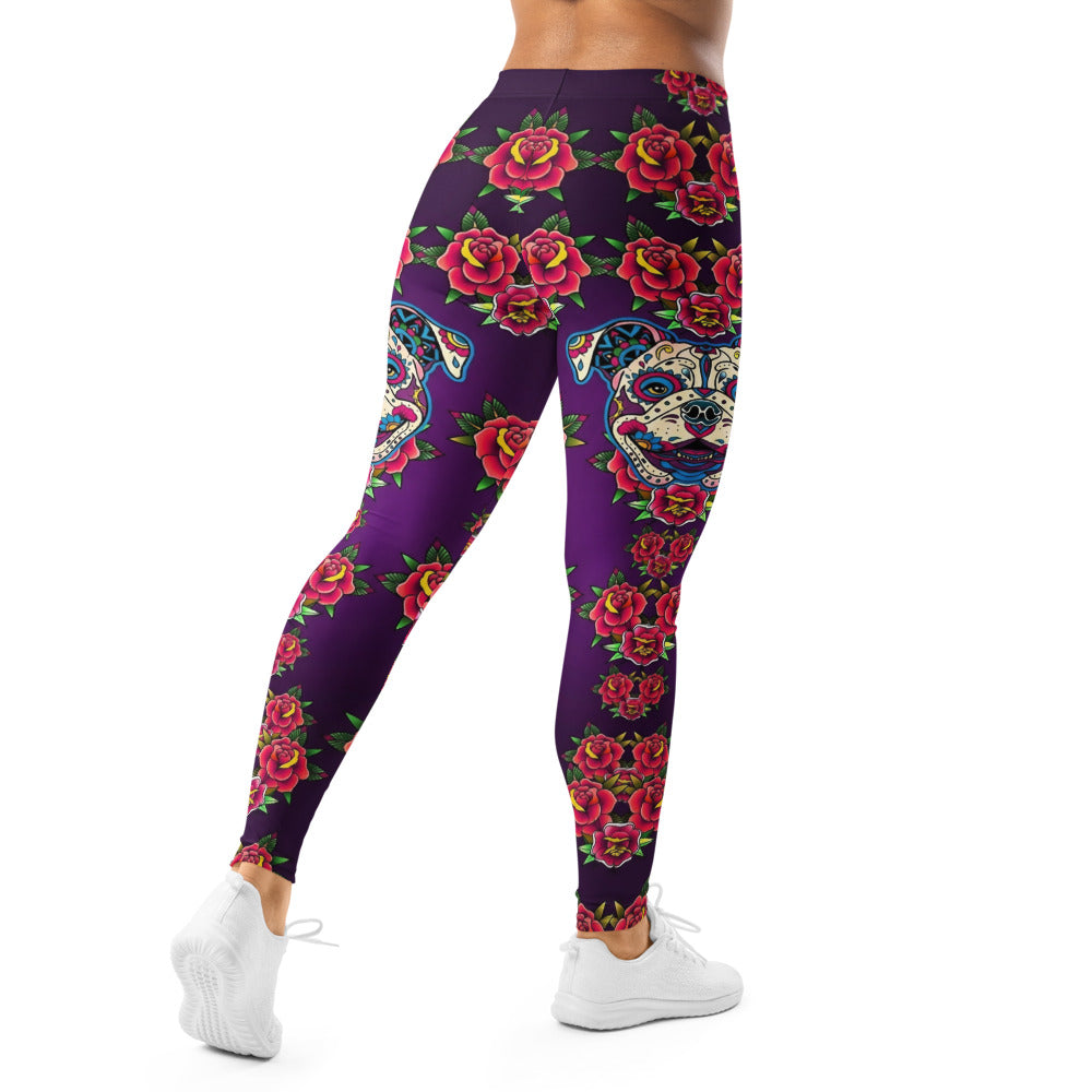 Personalisierte Sportleggings Damen Lila Rosen Totenkopf Design Fitness Yoga Leggings U124