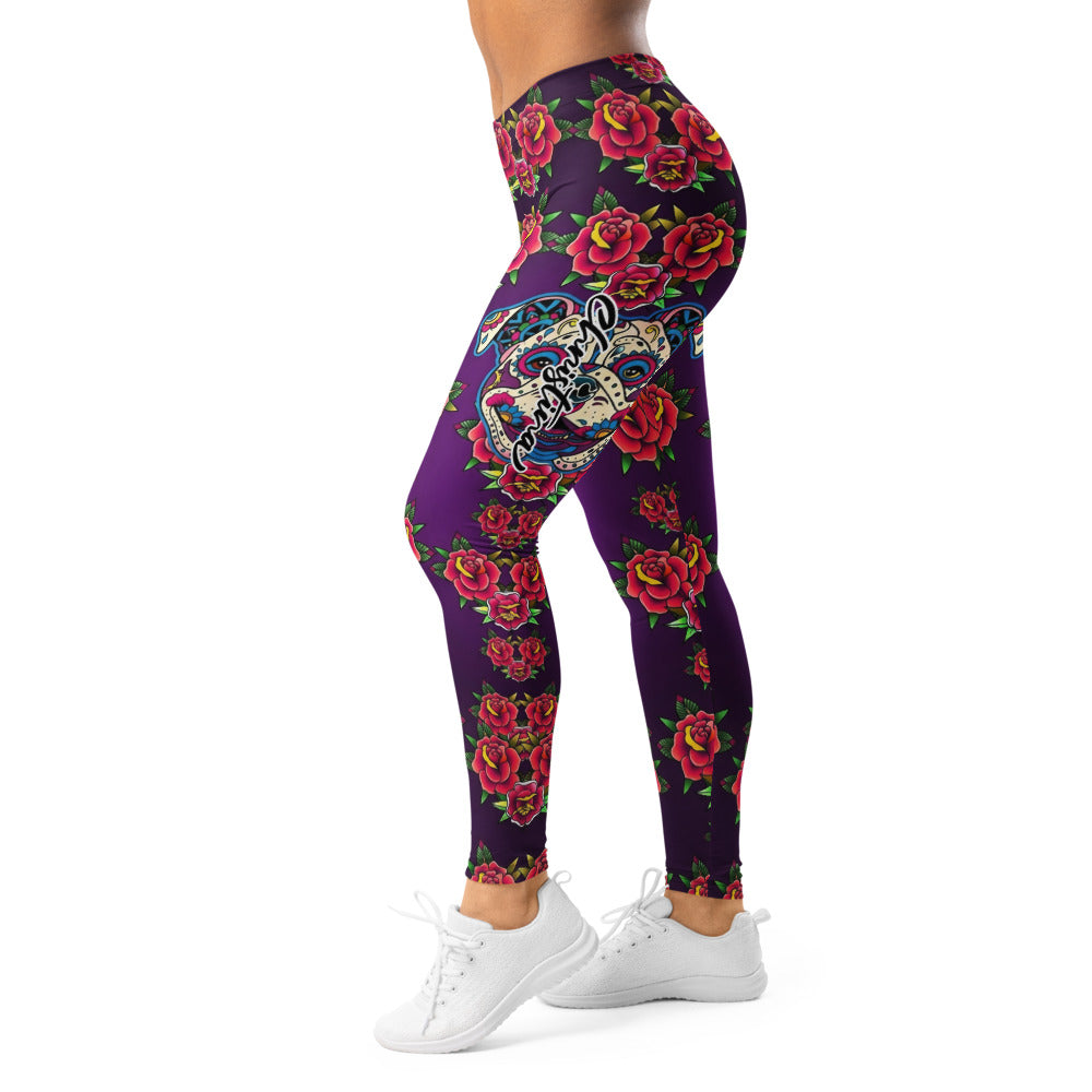 Personalisierte Sportleggings Damen Lila Rosen Totenkopf Design Fitness Yoga Leggings U124