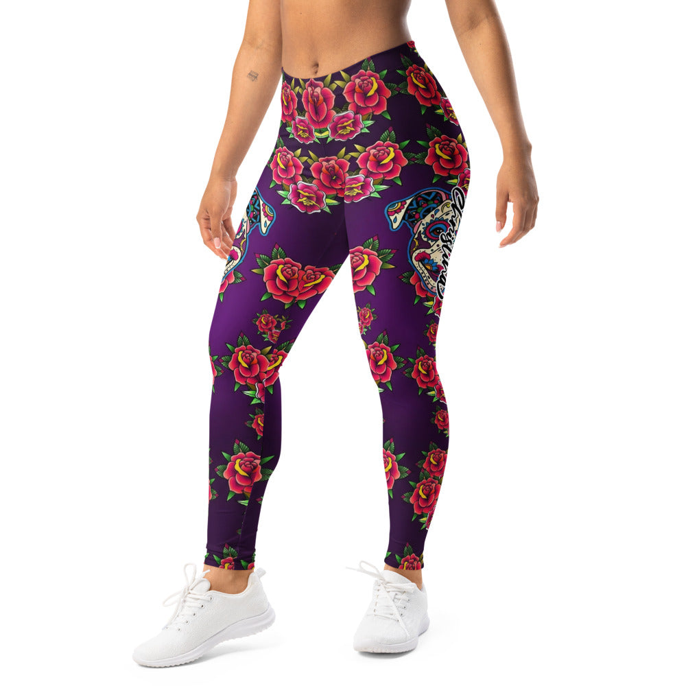 Personalisierte Sportleggings Damen Lila Rosen Totenkopf Design Fitness Yoga Leggings U124