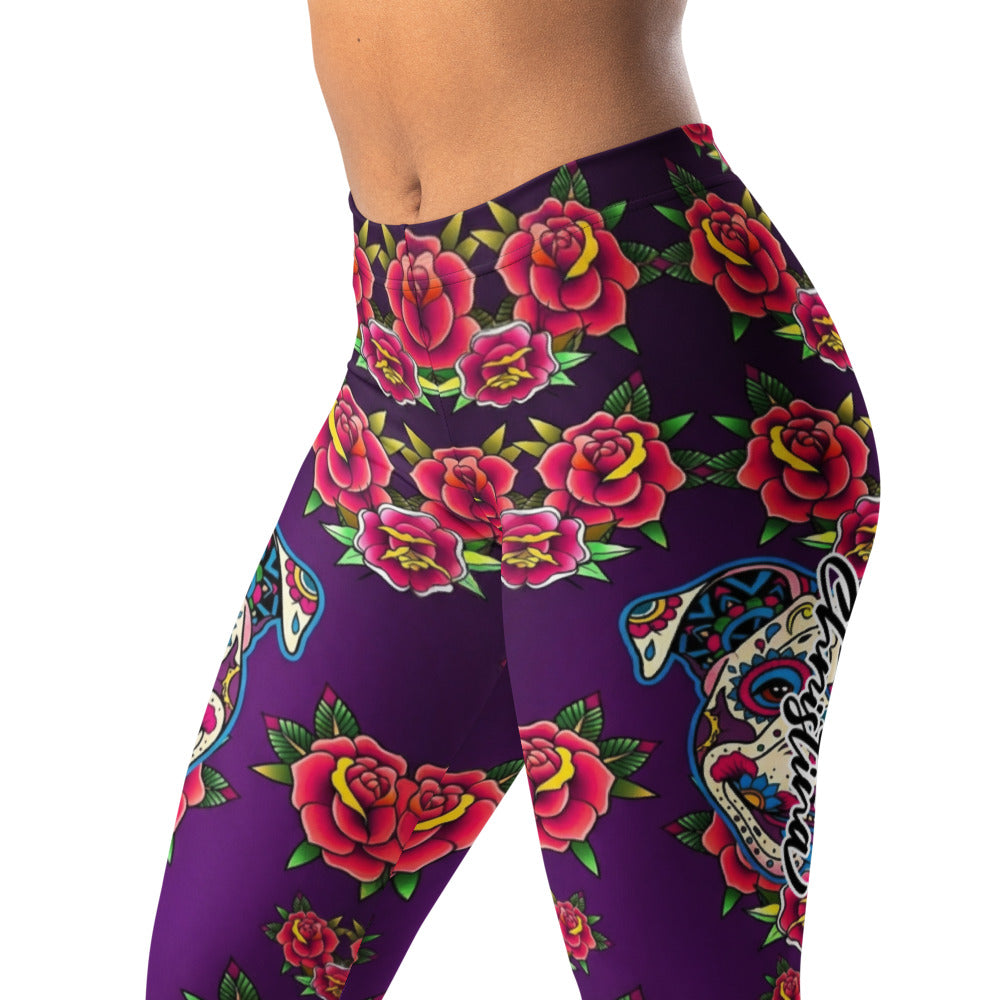 Personalisierte Sportleggings Damen Lila Rosen Totenkopf Design Fitness Yoga Leggings U124