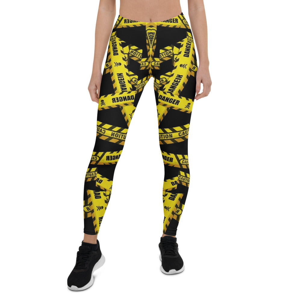 Personalisierte Sportleggings Damen Caution Danger Design Gelb Schwarz Fitness Leggings Absperrband Motiv F807