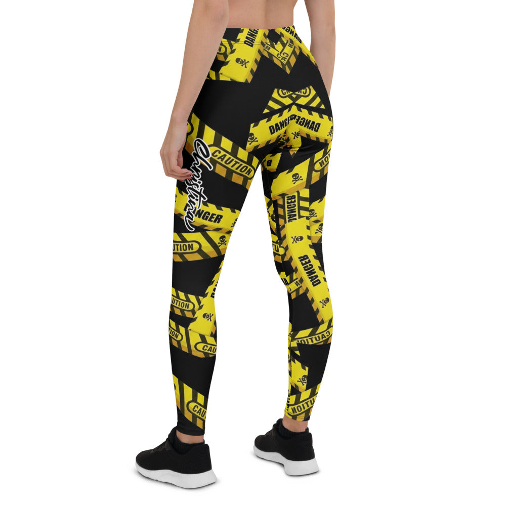 Personalisierte Sportleggings Damen Caution Danger Design Gelb Schwarz Fitness Leggings Absperrband Motiv F807
