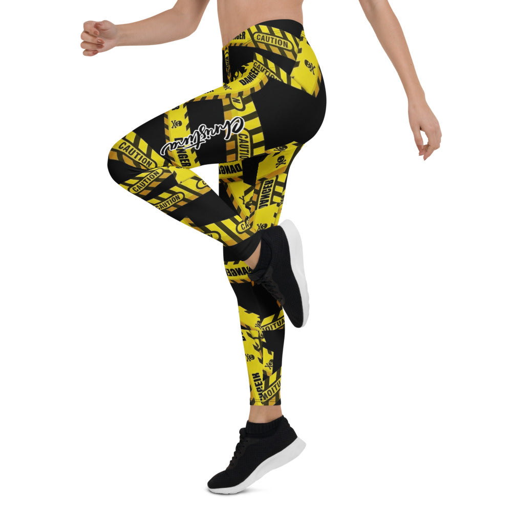 Personalisierte Sportleggings Damen Caution Danger Design Gelb Schwarz Fitness Leggings Absperrband Motiv F807