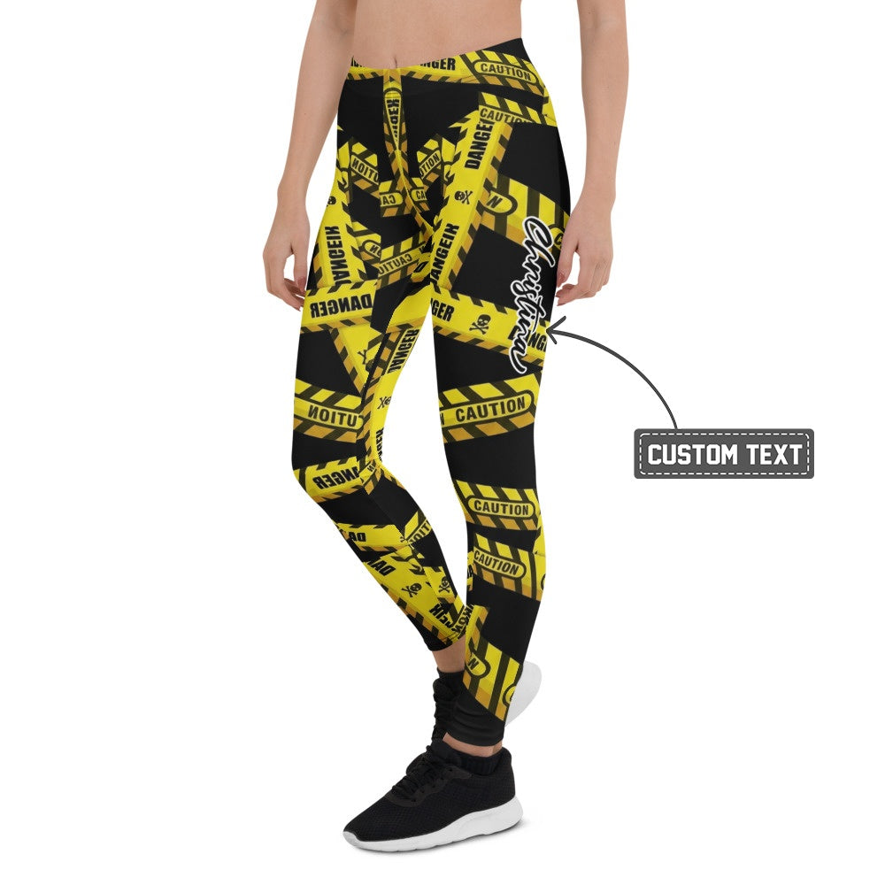 Personalisierte Sportleggings Damen Caution Danger Design Gelb Schwarz Fitness Leggings Absperrband Motiv F807 - XL