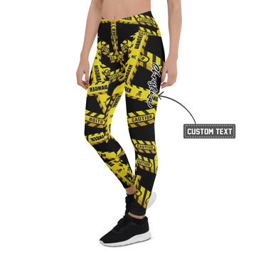 Personalisierte Sportleggings Damen Caution Danger Design Gelb Schwarz Fitness Leggings Absperrband Motiv F807 - XL
