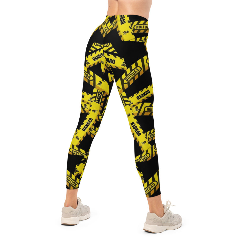 Personalisierte Sportleggings Damen Caution Danger Design Gelb Schwarz Fitness Leggings Absperrband Motiv F807