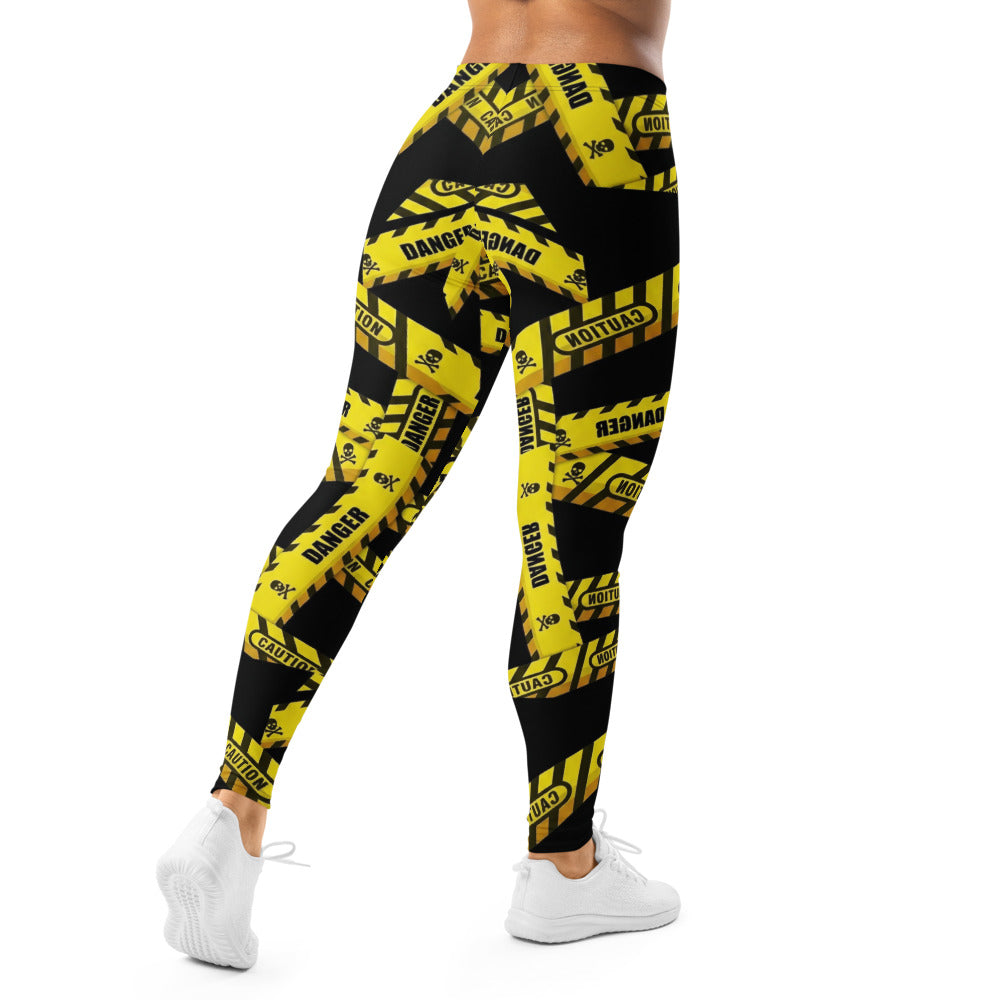 Personalisierte Sportleggings Damen Caution Danger Design Gelb Schwarz Fitness Leggings Absperrband Motiv F807