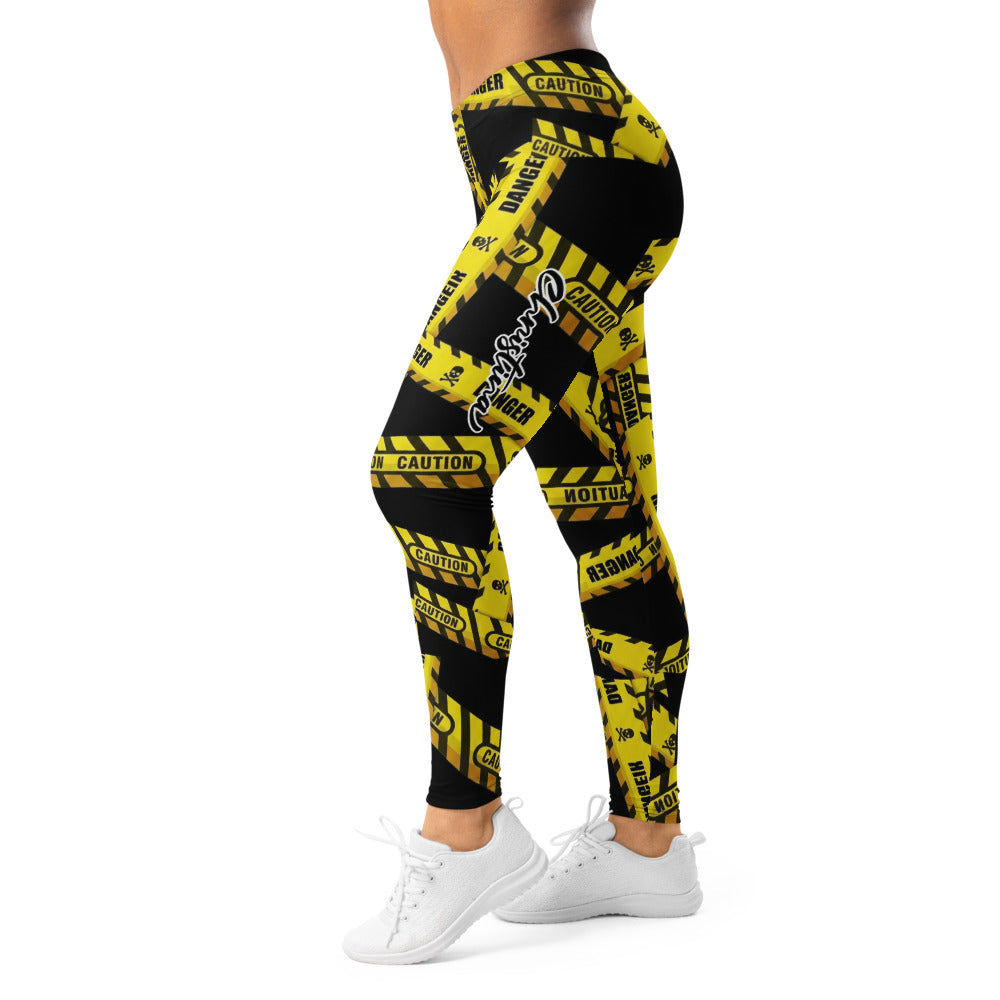 Personalisierte Sportleggings Damen Caution Danger Design Gelb Schwarz Fitness Leggings Absperrband Motiv F807