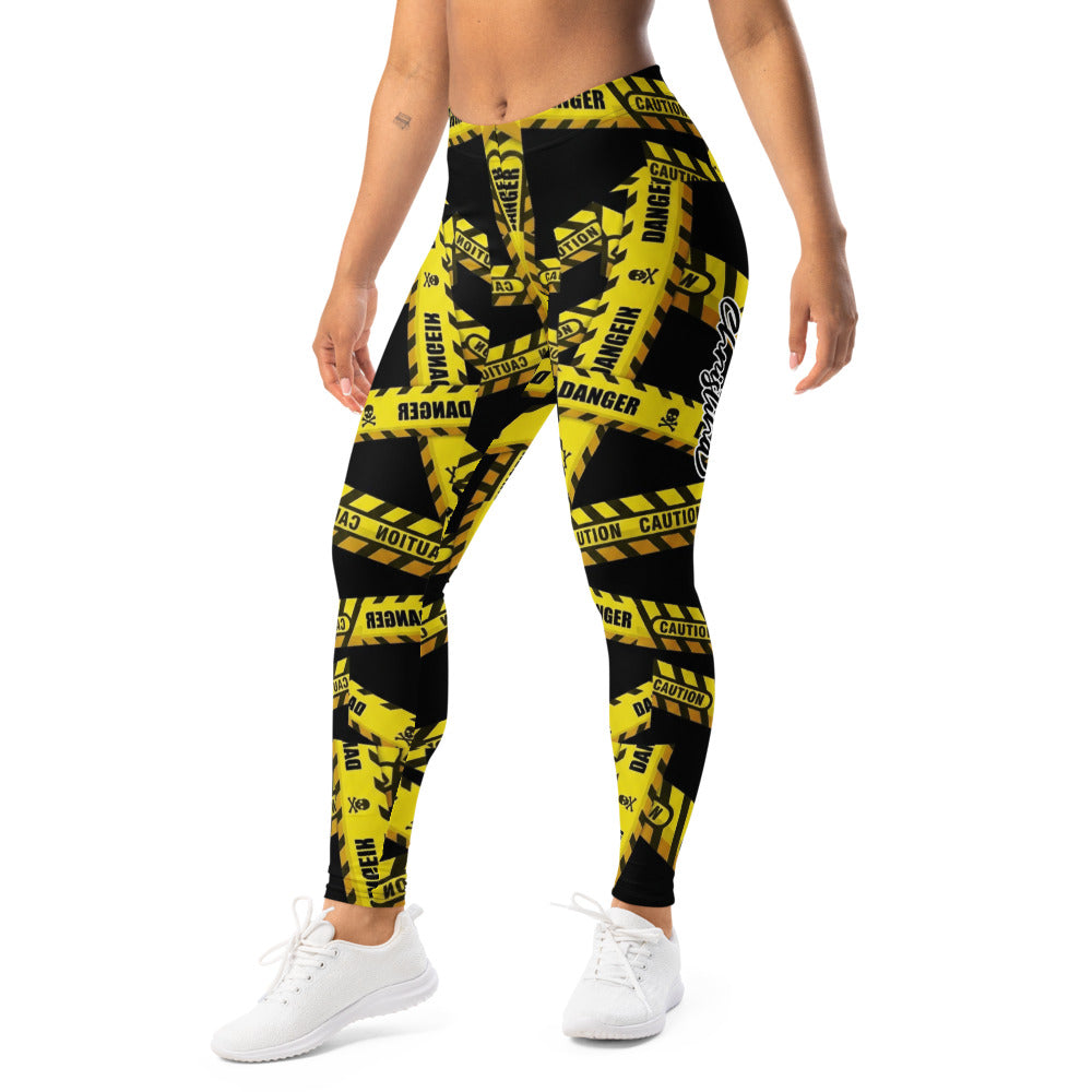 Personalisierte Sportleggings Damen Caution Danger Design Gelb Schwarz Fitness Leggings Absperrband Motiv F807