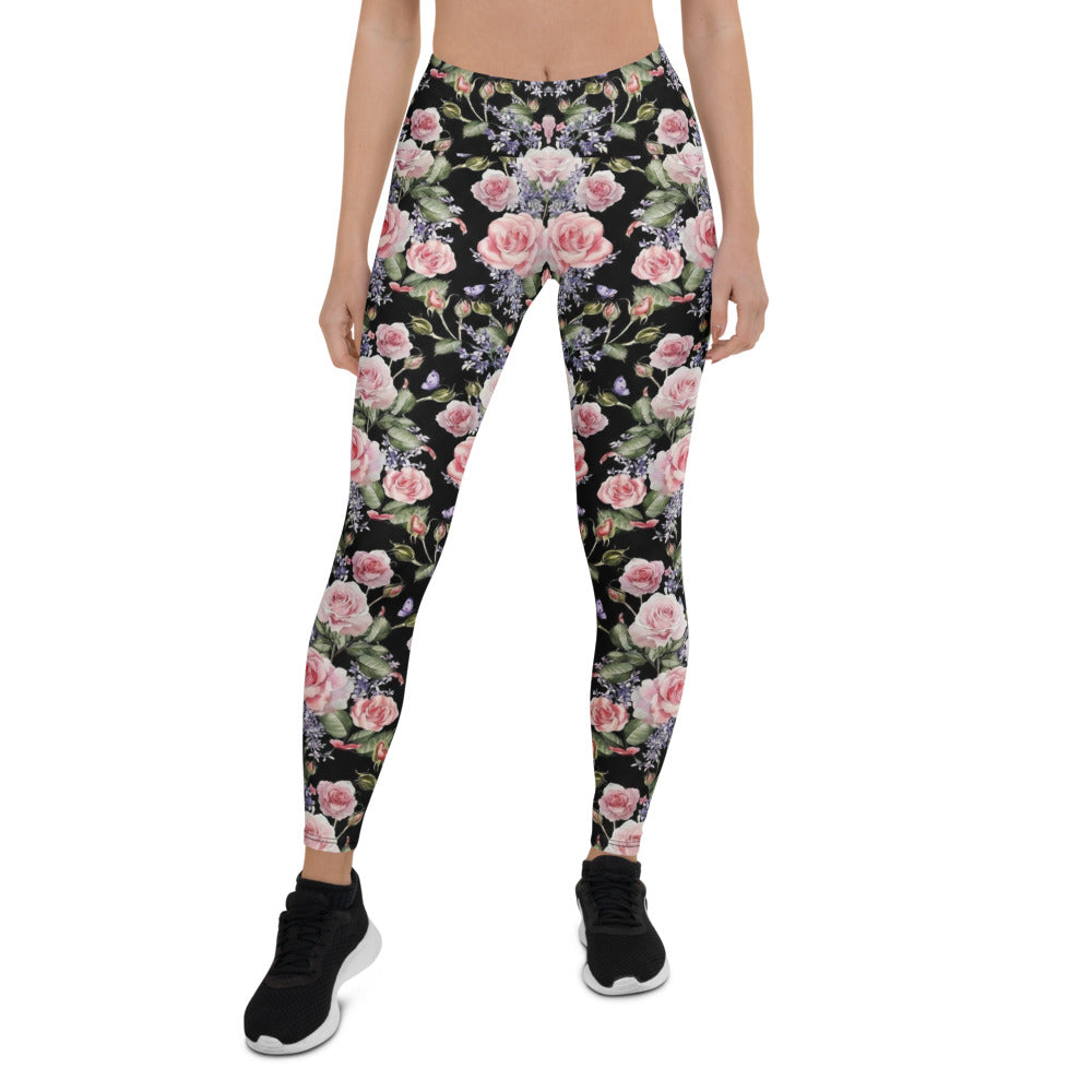 Personalisierte Sportleggings Damen Blumenmuster Schwarz Rosa Rosen Yoga Fitness Leggings L376