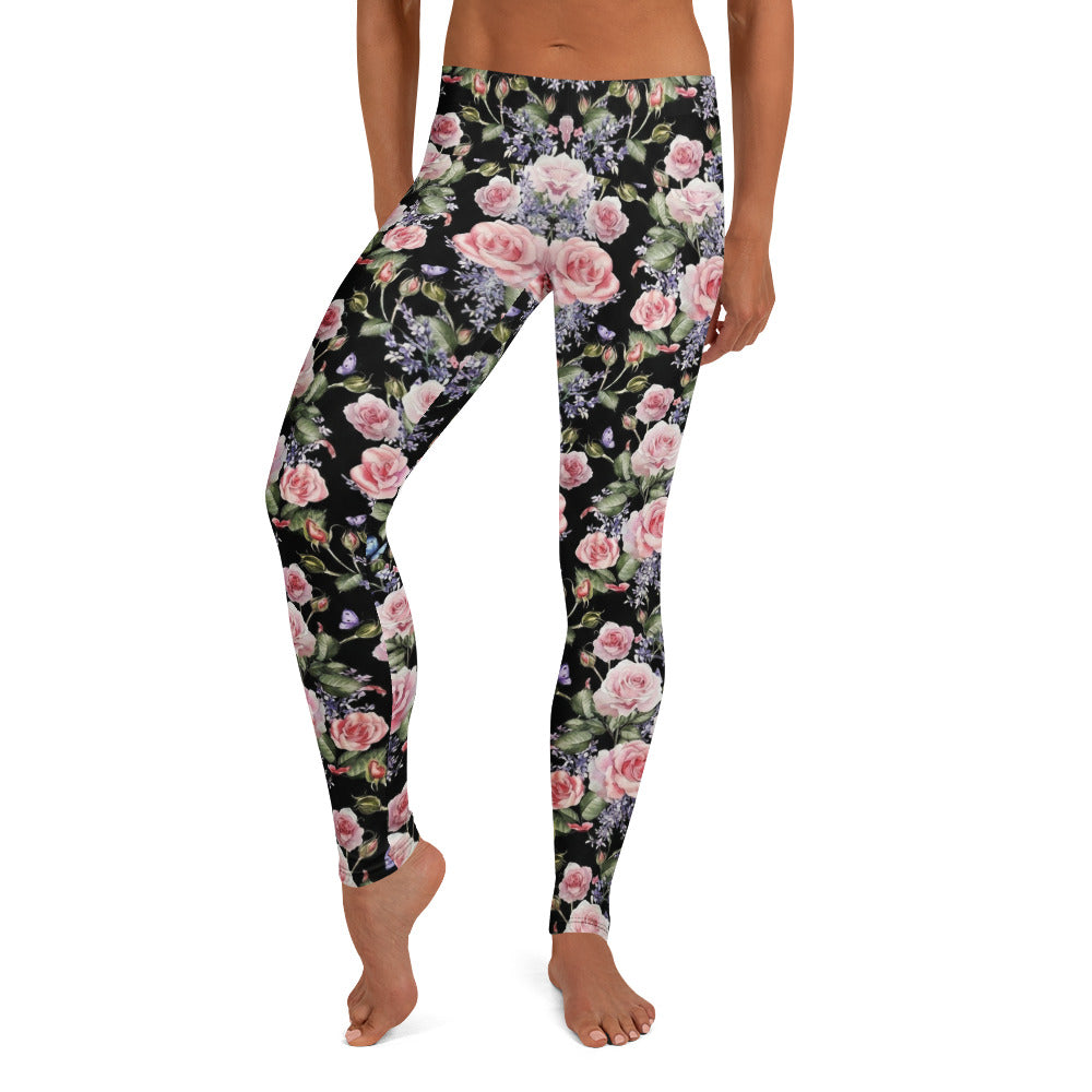 Personalisierte Sportleggings Damen Blumenmuster Schwarz Rosa Rosen Yoga Fitness Leggings L376