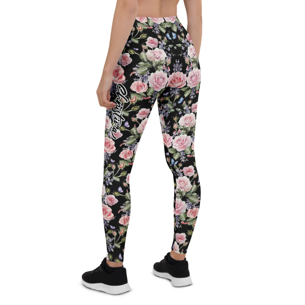Personalisierte Sportleggings Damen Blumenmuster Schwarz Rosa Rosen Yoga Fitness Leggings L376