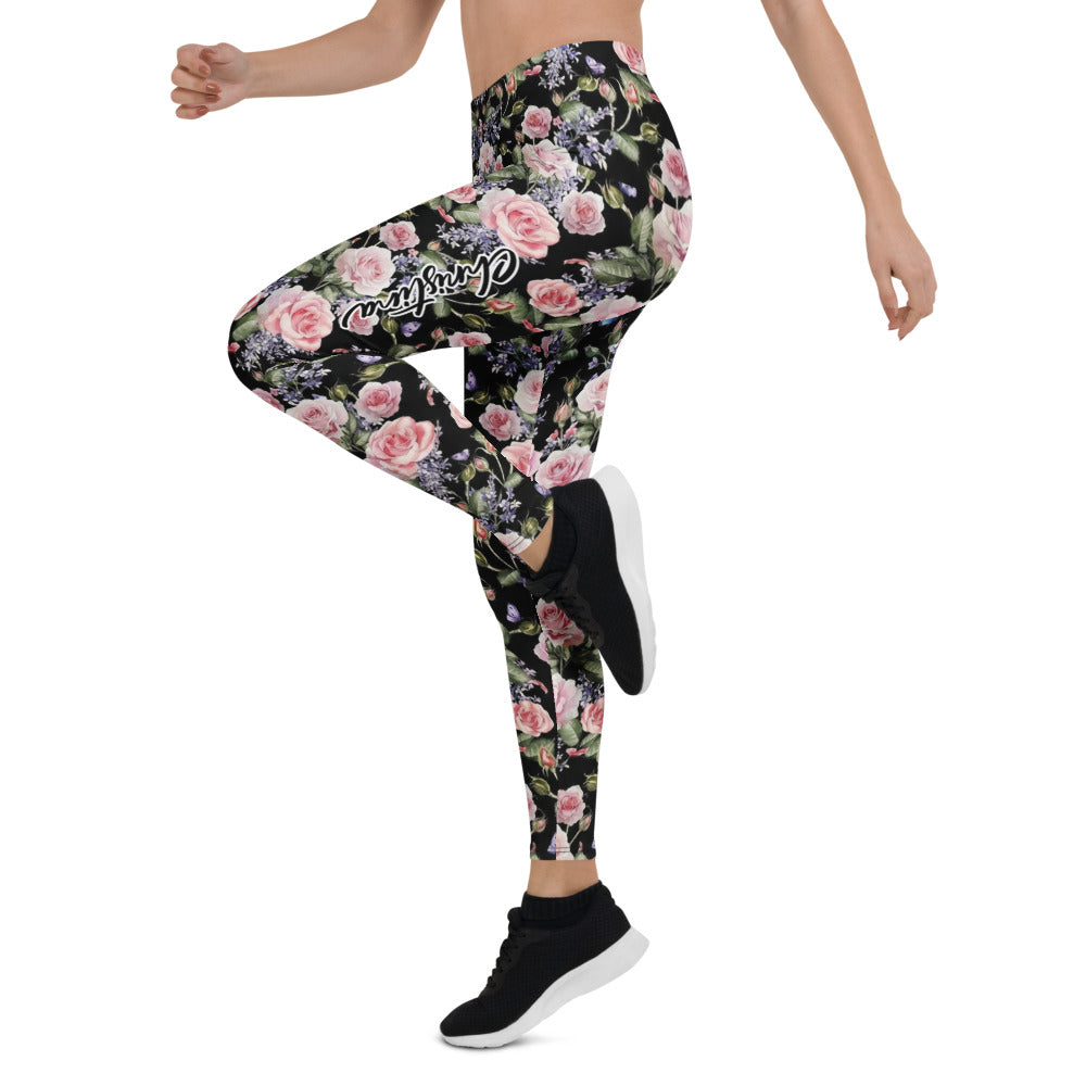 Personalisierte Sportleggings Damen Blumenmuster Schwarz Rosa Rosen Yoga Fitness Leggings L376