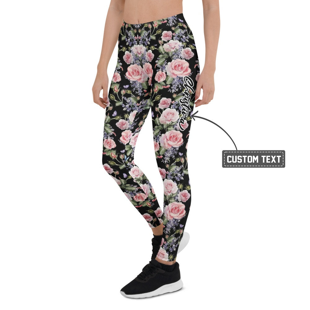 Personalisierte Sportleggings Damen Blumenmuster Schwarz Rosa Rosen Yoga Fitness Leggings L376 - XL
