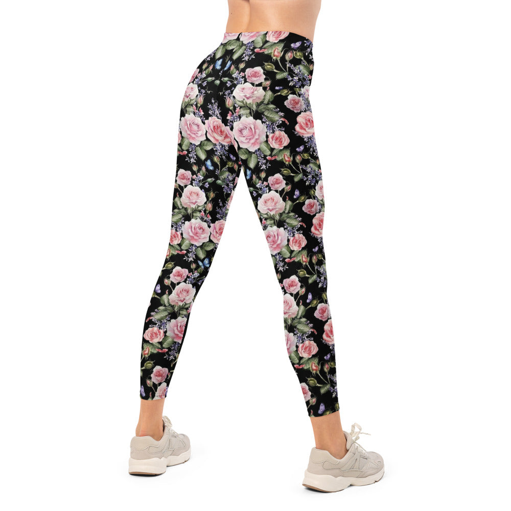 Personalisierte Sportleggings Damen Blumenmuster Schwarz Rosa Rosen Yoga Fitness Leggings L376