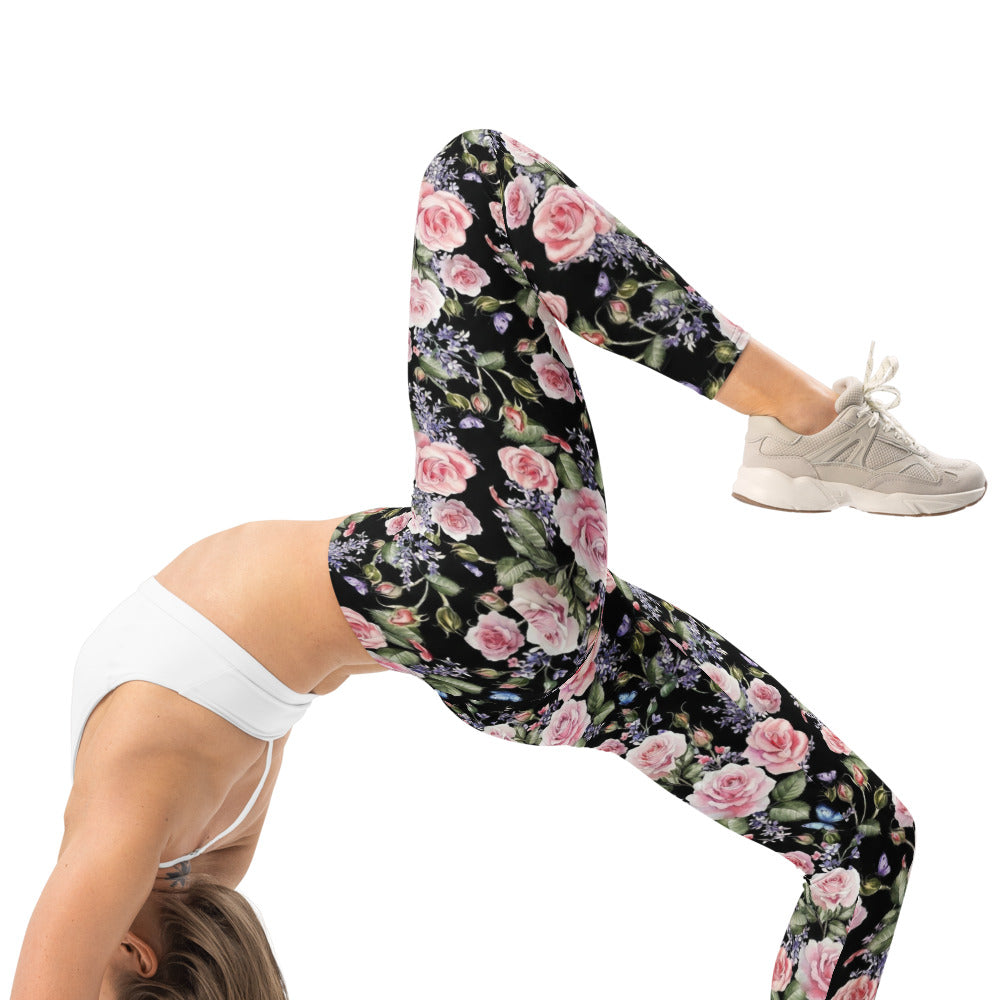 Personalisierte Sportleggings Damen Blumenmuster Schwarz Rosa Rosen Yoga Fitness Leggings L376